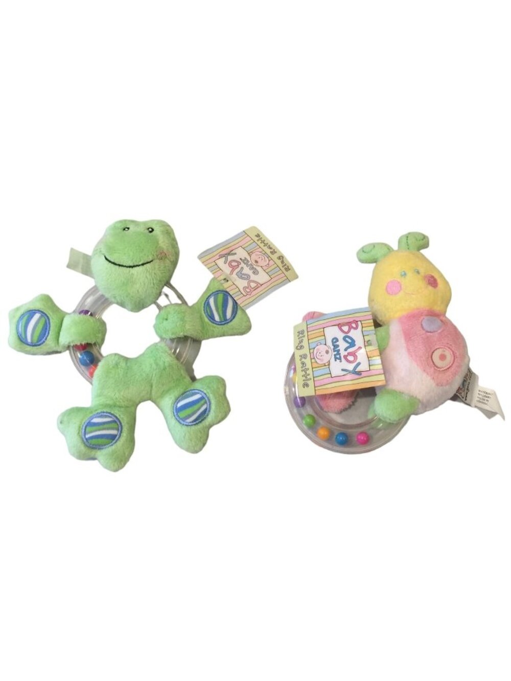 BABY GANZ Ring Rattles Set of 2 Frog & Lady Bug Plush Rattles With Clear Ring